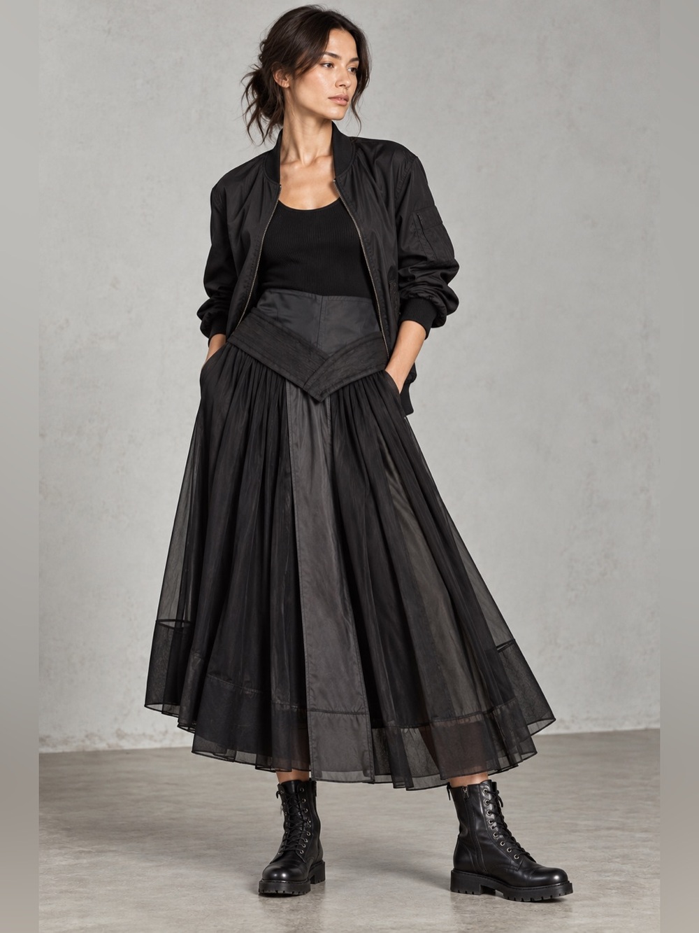 NWT 3.1 Phillip Lim Flou black layered full skirt with peplum, 4
